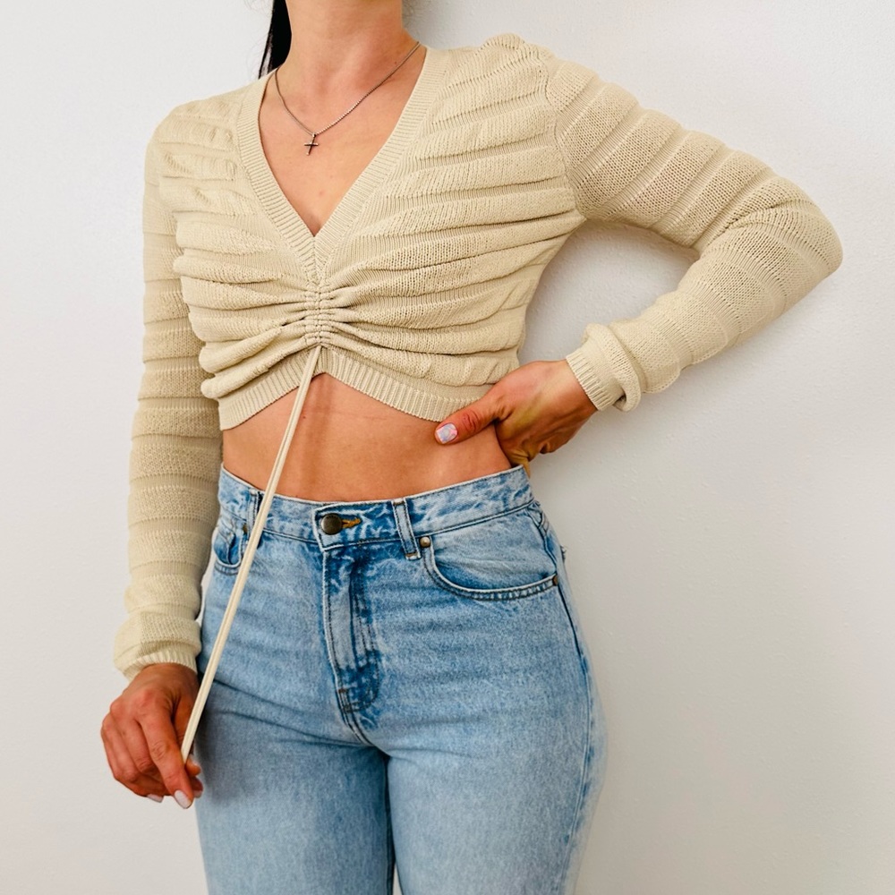 New Maniere De Voir Contour Beige Knit Long Sleeve Top Cropped wrap tie waist